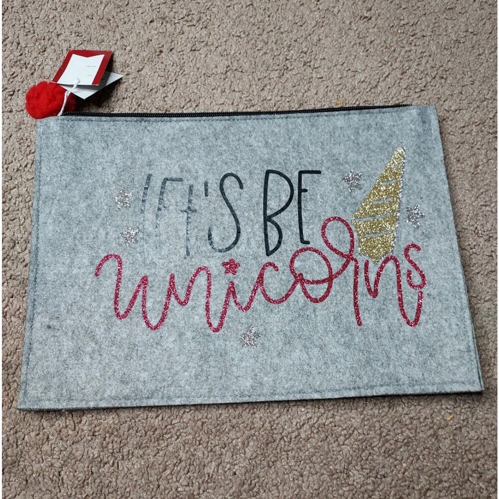Let's Be Unicorns Glitter Gray Felt Zipper Pouch Makeup Bag New With Tags